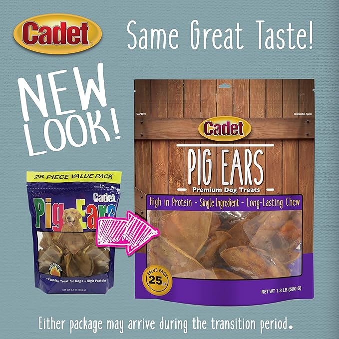Cadet Natural Pig Ears for Dogs, Long Lasting & Natural Chew Treats for Dogs, 25 Count