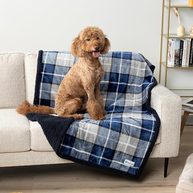 PetAmi WATERPROOF Dog Blanket for Bed, XL Dog Pet Blanket Couch Cover Protection, Sherpa Fleece Leakproof Bed Blanket for Crate Kennel Sofa Furniture Protector, Reversible Soft Plush 80x60 Plaid Navy
