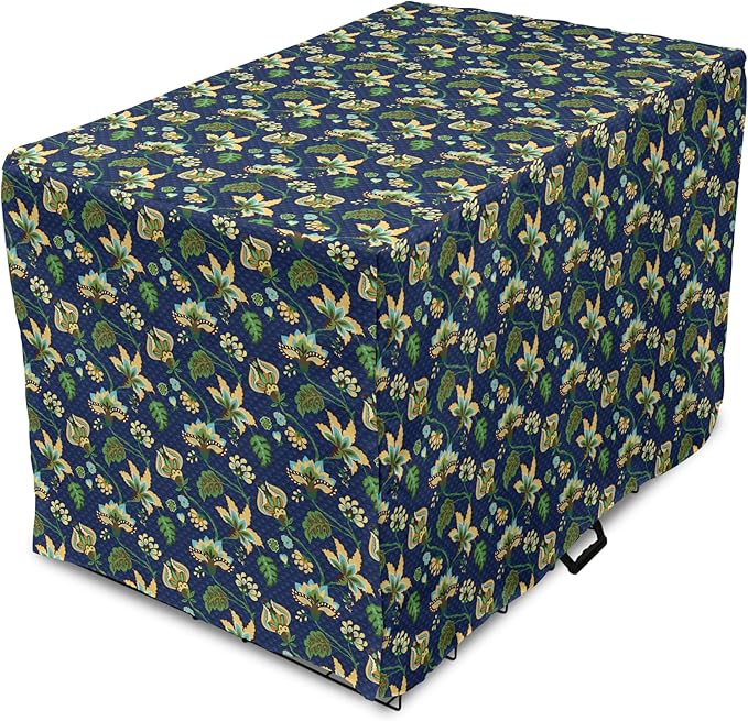 Lunarable Jacobean Dog Crate Cover, Triangles with Floral Pattern Stalks Leaves Flowers Whimsical Nature, Easy to Use Pet Kennel Cover for Small Dogs Puppies Kittens, 18 Inch, Dark Blue Green Mustard
