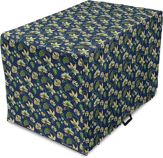 Lunarable Jacobean Dog Crate Cover, Triangles with Floral Pattern Stalks Leaves Flowers Whimsical Nature, Easy to Use Pet Kennel Cover for Cats & Medium Dogs, 24 Inch, Dark Blue Green Mustard