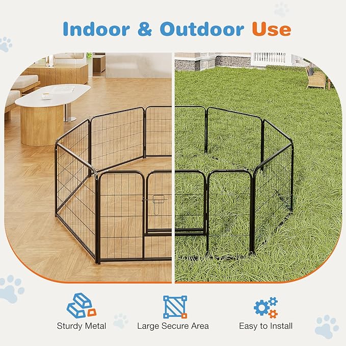 Sweetcrispy Dog Playpen Indoor - Pet Fence Exercise Pen for Yard Gate 8 Panels Foldable Puppy Playpens with Doors Metal Dog Pen for Camping, RV, Outdoor, Small/Medium/Large Pets, 40” Height