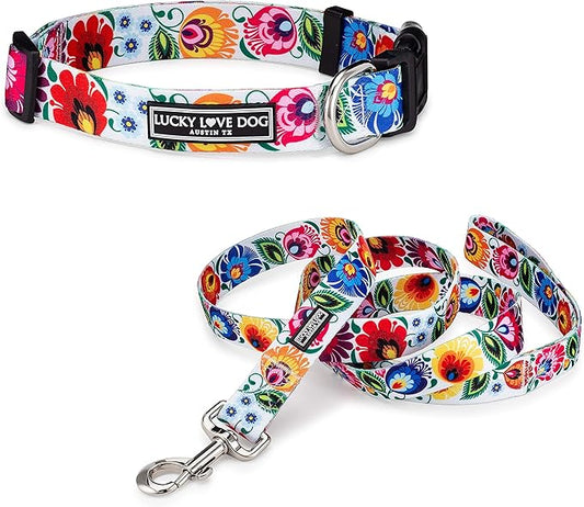 Lucky Love Dog - Easy Click Buckle Dog Collar with Leash Set Combo, Durable & Comfortable Collar for Male & Female Dogs, Pet Collar for Small to Large Dogs, Secure Fit - Ladybird Combo, X-Small
