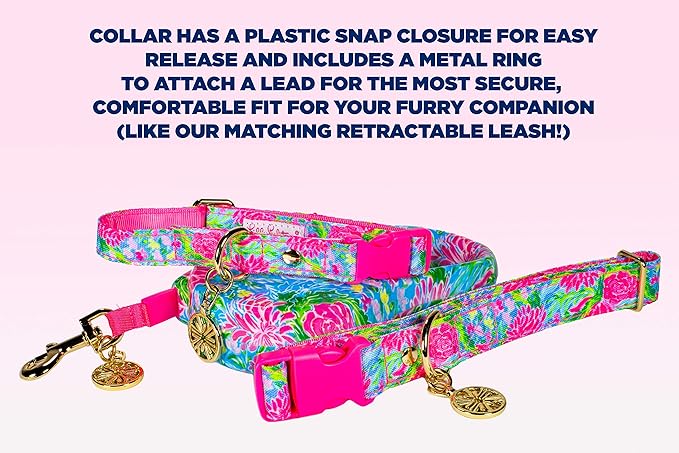 Lilly Pulitzer Adjustable Puppy Dog Collar, Cute Heavy Duty Canvas Collar with Snap Closure and Ring for Leash/Tag, Bunny Business (S/M)