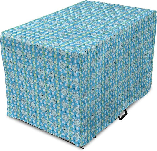 Lunarable Yellow and Blue Dog Crate Cover, Funny Cartoon Hippopotamus with Stars and Daisy Flowers, Easy to Use Pet Kennel Cover for Medium Large Dogs, 36 Inch, Pale Blue White Yellow