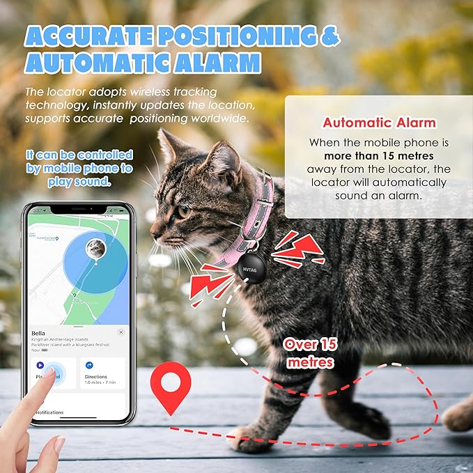 Cat Tracker GPS Collar No Monthly Fee, Real-Time Mini Pet Tracker for Small Medium Large Kittens, Reflective Waterproof Cat Tracking Collar with Bell, Indoor & Outdoor (Only for iOS)
