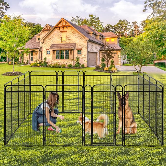 Dog Fence Outdoor for Yard - 16 Panels 24" Dog Pen Portable Ground Anchors for Outdoor RV Camping, Playpens Safety Design Without Stakes for Indoor Use, Threshold Free Door Ease to Access