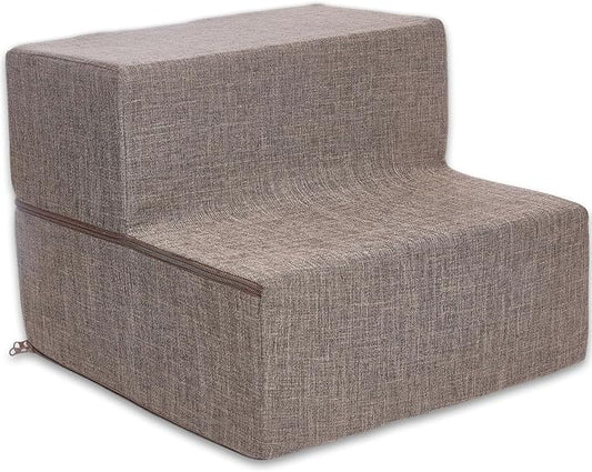 Best Pet Supplies Portable Foldable Foam Pet Stairs/Steps for Couch, Sofa, and High Bed, Non-Slip Bottom Balanced Paw Safe - Brown Linen, Foldable 2-Step (H: 12")