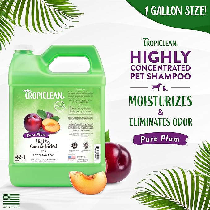TropiClean High Concentrate Dog Shampoo, Professional Grade & Size for Groomers, 42:1 Dilution, Puppy Safe, USA Made, Pure Plum Scent, 1 Gallon