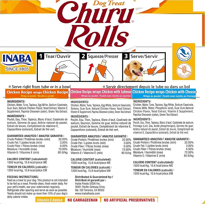 INABA Churu Rolls for Dogs, Grain-Free, Soft/Chewy Baked Chicken Wrapped Churu Filled Dog Treats, 0.42 Ounces Each Stick| 24 Stick Treats Total, 3 Flavor Variety Pack (24 Sticks)