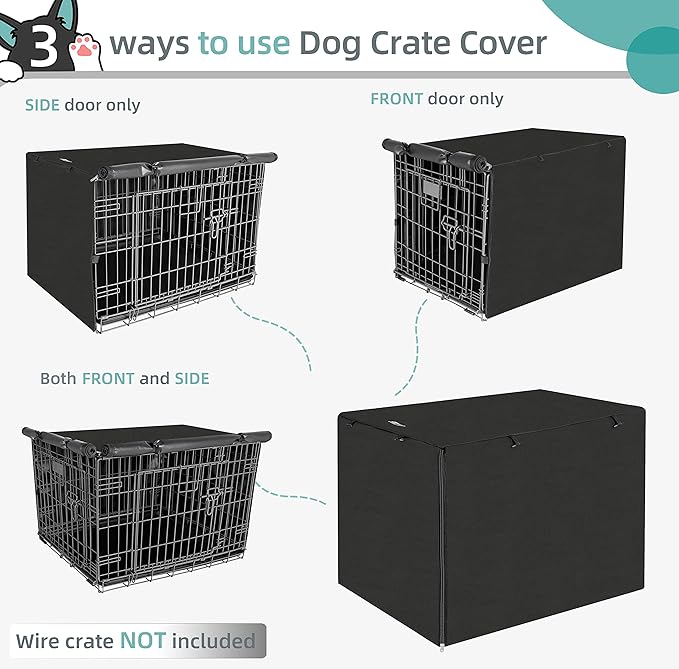 Dog Crate Cover for 42" Large Wire Dogs Cage, Puppy Kennel with Double Door, Lightweight 600D Polyester Windproof Pet Crates Covers, Machine Wash & Dry, Black