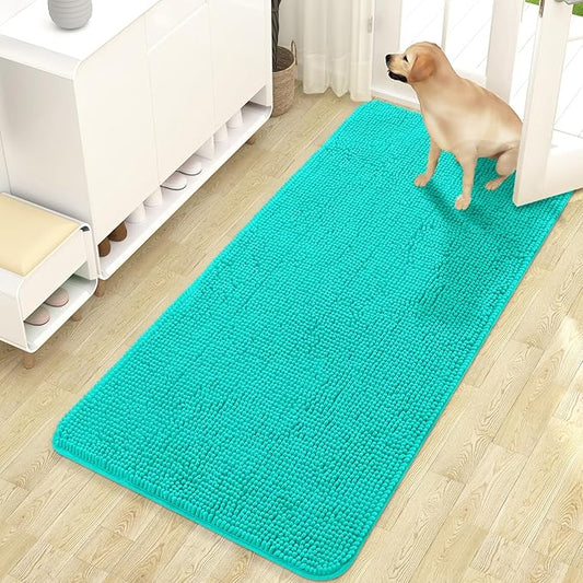 OLANLY Dog Door Mat for Muddy Paws 47x24, Absorbs Moisture and Dirt, Absorbent Non-Slip Washable Mat, Quick Dry Chenille, Mud Mat for Dogs, Entry Indoor Door Mat for Inside Floor, Teal