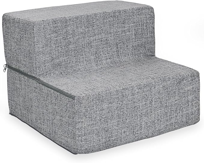 Best Pet Supplies Portable Foldable Foam Pet Stairs/Steps for Couch, Sofa, and High Bed, Non-Slip Bottom Balanced Paw Safe - Gray Linen, Foldable 2-Step (H: 12")