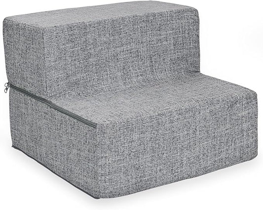 Best Pet Supplies Portable Foldable Foam Pet Stairs/Steps for Couch, Sofa, and High Bed, Non-Slip Bottom Balanced Paw Safe - Gray Linen, Foldable 2-Step (H: 12")