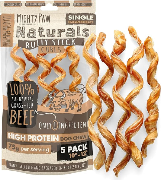 Mighty Paw Naturals Curly Bully Sticks for Dogs - Grass Fed Beef Dog Chews. Dog Bully Sticks for Large Dogs, Medium, Small Breeds. Lower Odor Bully Sticks for Small Dogs. Single Ingredient 12”, 5 Pack