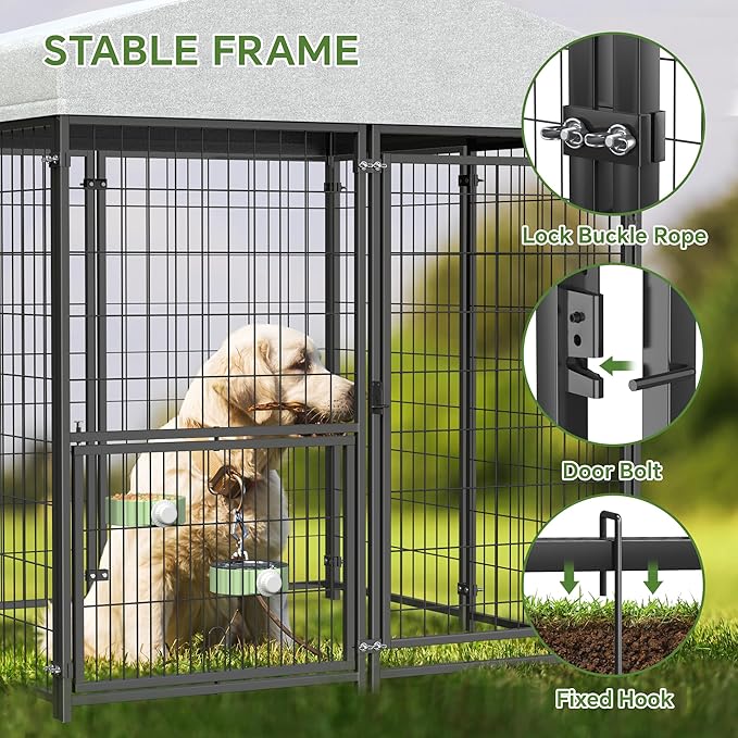 Mr IRONSTONE Large Dog Kennel Outdoor with Water-Resistant Roof Heavy Duty Outside Dog Kennel Pet Pens Dogs Run Enclosure with Rotating Feeder and Secure Lock (4'L x 4'W x 4.4'H)