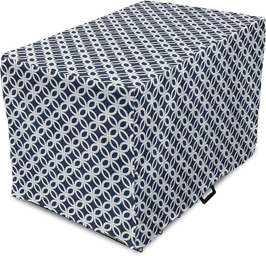 Ambesonne Navy Blue Dog Crate Cover, Marine in Geometric Pattern Design Ocean Travel Cruise Mosaic Ornament, Easy to Use Pet Kennel Cover for Medium Large Dogs, 48 Inch, Blue White