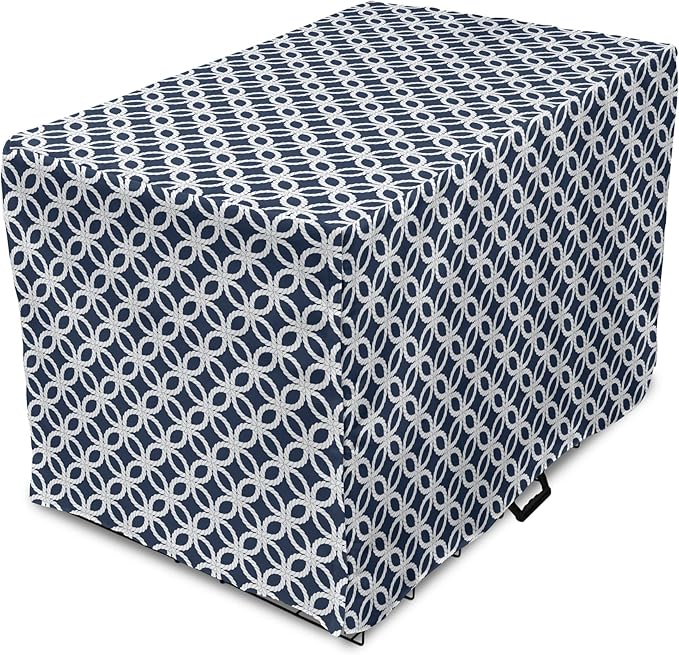 Ambesonne Navy Blue Dog Crate Cover, Marine in Geometric Pattern Design Ocean Travel Cruise Mosaic Ornament, Easy to Use Pet Kennel Cover for Medium Large Dogs, 42 Inch, Blue White