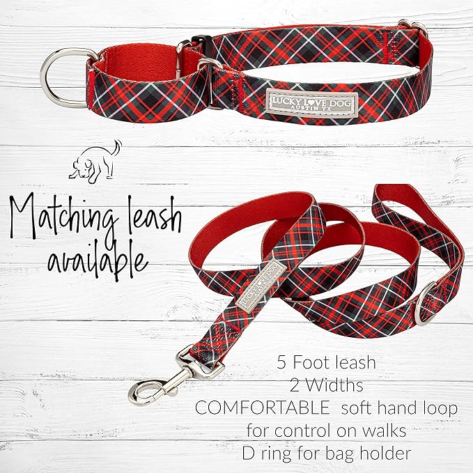 Lucky Love Dog, Evergreen No Slip Dog Collar, Vivid Berry Plaid Martingale Dog Collar for Boy and Girl Dogs - (Large, Heywood Martingale)