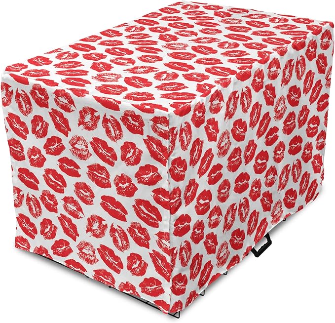 Lunarable Kiss Dog Crate Cover, Rhythmic Make up Red Luscious Lips Lipstick Imprint Illustration, Easy to Use Pet Kennel Cover for Cats & Medium Dogs, 24 Inch, Dark Pink and White