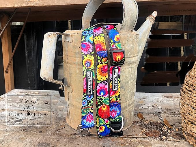 Lucky Love Dog Wide Dog Collar - Adjustable, Durable, Soft Webbing, & Comfortable 1.5 inch Wide Collar for Dogs Male and Female - in Blackbird Pattern with Strong Buckle, Medium Size