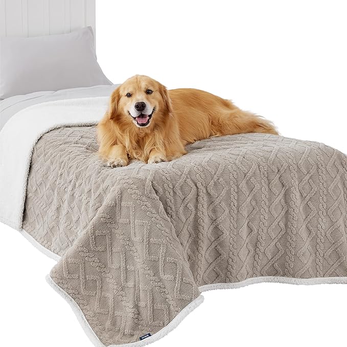 Bedsure Waterproof Dog Blanket for Large Dogs - Pet Blanket for Bed Couch Protector Washable, Jacquard Coral Fleece Cat Throw Blanket, Soft Plush Reversible Furniture Protection, 60x80, Pale Oak