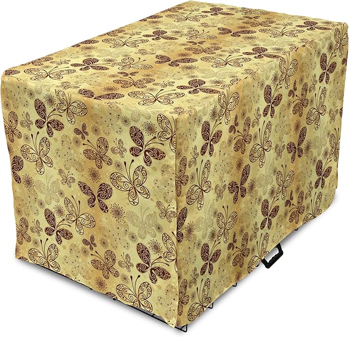 Lunarable Yellow and Brown Dog Crate Cover, Butterflies with Lace Style Ornament Spring Season Beauty Nature Print, Easy to Use Pet Kennel Cover for Medium Large Dogs, 42 Inch, Chestnut Brown