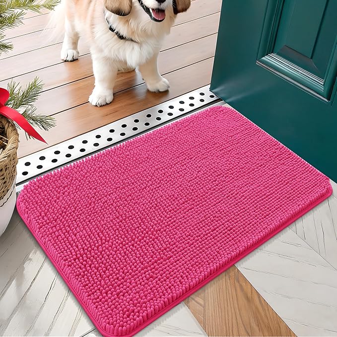 OLANLY Dog Door Mat for Muddy Paws 24x16, Absorbs Moisture and Dirt, Absorbent Non-Slip Washable Mat, Quick Dry Chenille, Mud Mat for Dogs, Entry Indoor Door Mat for Inside Floor, Hot Pink