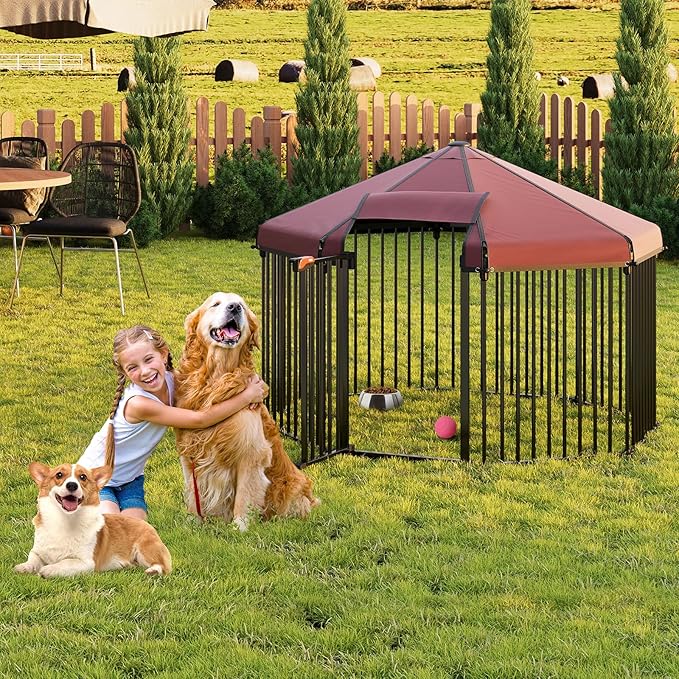 Outdoor Dog Kennel with Roof, Outdoor Dog Playpen with Metal Gate,Portable Easy Setup, Octagon Dog Pen with Lock for Outdoor Backyard (4.9x4.9x3.6FT)