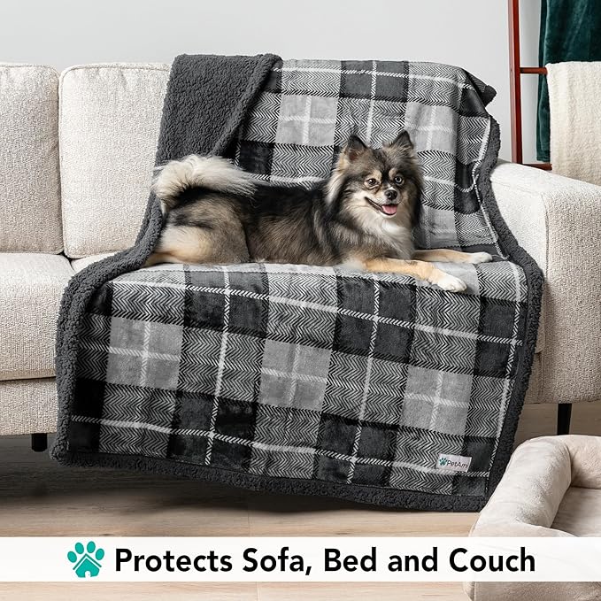 PetAmi Dog Blanket for Bed, XL Pet Blanket Large Dogs, Fleece Furniture Couch Cover Protector Sofa Car Crate Kennel, Soft Sherpa Cat Throw Plush Reversible Washable, Twin 60x80 Plaid Dark Gray
