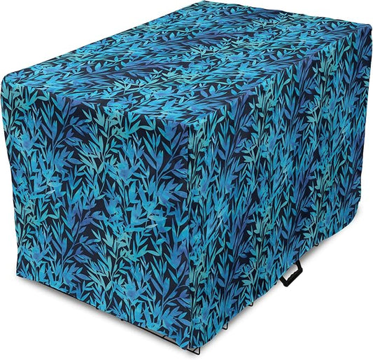 Lunarable Leaf Print Dog Crate Cover, Watercolor Hawaiian Inspired Nature Exotic Silhouettes on Dark Back, Easy to Use Pet Kennel Cover for Medium Large Dogs, 30 Inch, Violet Blue Turquoise