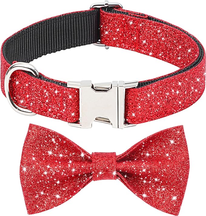 Bling Bow Tie Dog Collar and Leash Set, Red Christmas Dog Collar with Bow and 5ft Leash for Small Medium Dogs, Cute Walking Boy and Girl Dog Collar Set (Neck fit 11-16’’)