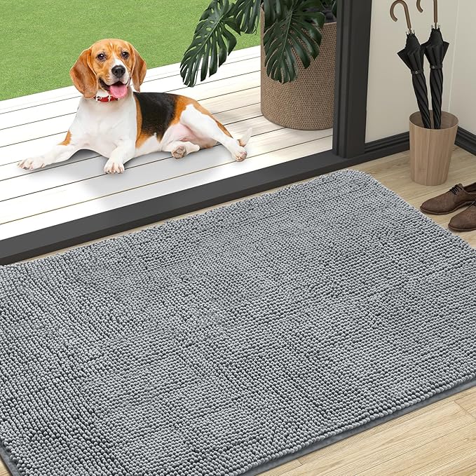 OLANLY Dog Door Mat for Muddy Paws 47x32, Absorbs Moisture and Dirt, Absorbent Non-Slip Washable Mat, Quick Dry Chenille, Mud Mat for Dogs, Entry Indoor Door Mat for Inside Floor, Grey