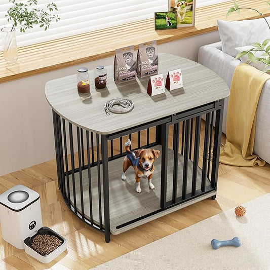 Merax 31.5" Furniture Style Dog Crate for Small and Medium Dogs, Wooden Cage Indoor Kennel Furniture, Modern Dog Crate End Table with Double-Doors, Gray