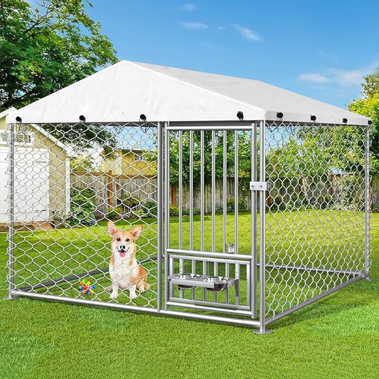 6.7 x 6.7 ft Dog Kennel Outside - Outdoor Dog Kennel with Roof, Heavy Duty Outdoor Dog Kennel with Rotating Feeding Bowls, for Medium Small Dogs