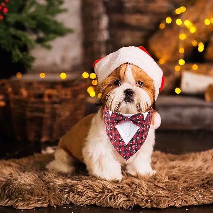 ADOGGYGO Christmas Dog Tuxedo Bandana, Red Plaid Pet Chritstmas Tux with Bowtie Adjustable Christmas Formal Costume for Small Dogs Pets (S)