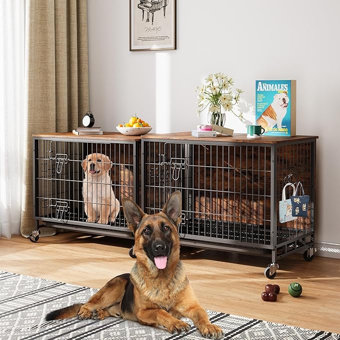 Dog Crate Furniture for Medium Dogs, 32.5" L x 21.9" W x 25.2" H Indoor Kennel with Double Doors, Wheels & Removable Tray, Sturdy Dog Cage with Easy Assembly, Rustic Brown