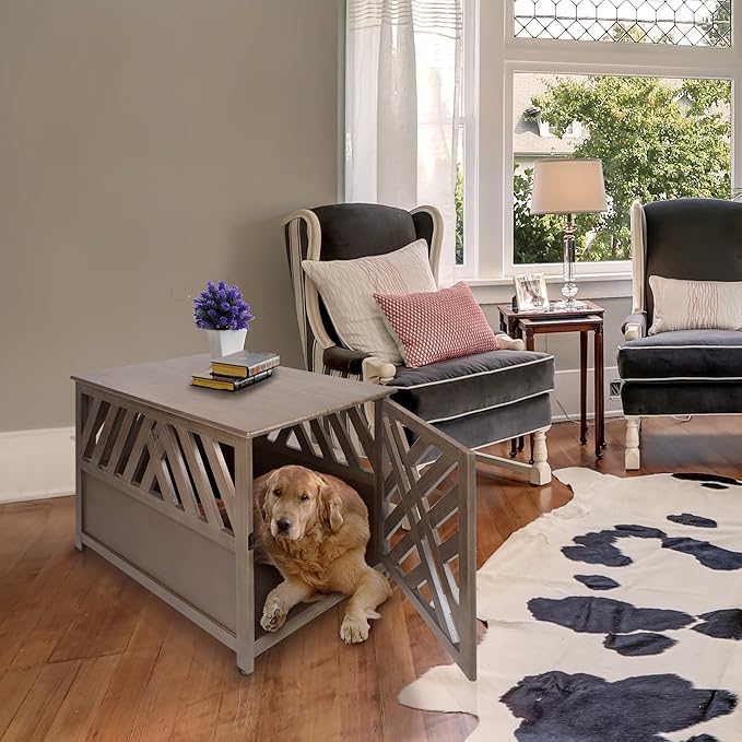 Casual Home Wooden Lattice Pet Crate, End Table, Taupe Gray
