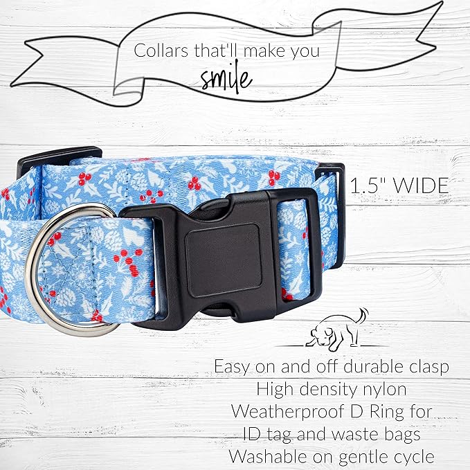 Lucky Love Dog Wide Dog Collar - Adjustable, Durable, Soft Webbing, & Comfortable 1.5 inch Wide Collar for Dogs Male and Female - in Winter Blue Pattern with Strong Buckle, X-Large Size