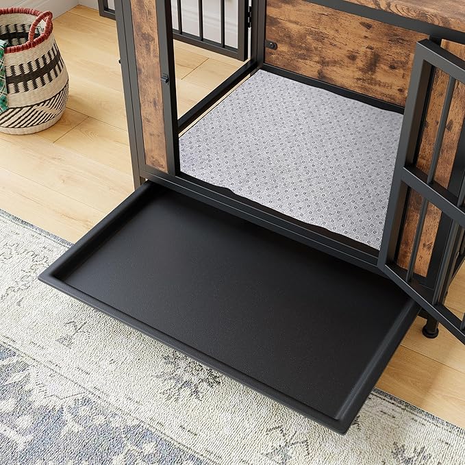 Ball & Cast 27.48" Wooden Dog Kennel with 2 Sliding Doors,Decorative Pet Crate Furniture with Pull-Out Tray,Thick Iron Frame Indoor Dog Cage for Small Dogs,Easy Assembly,Rustic Brown