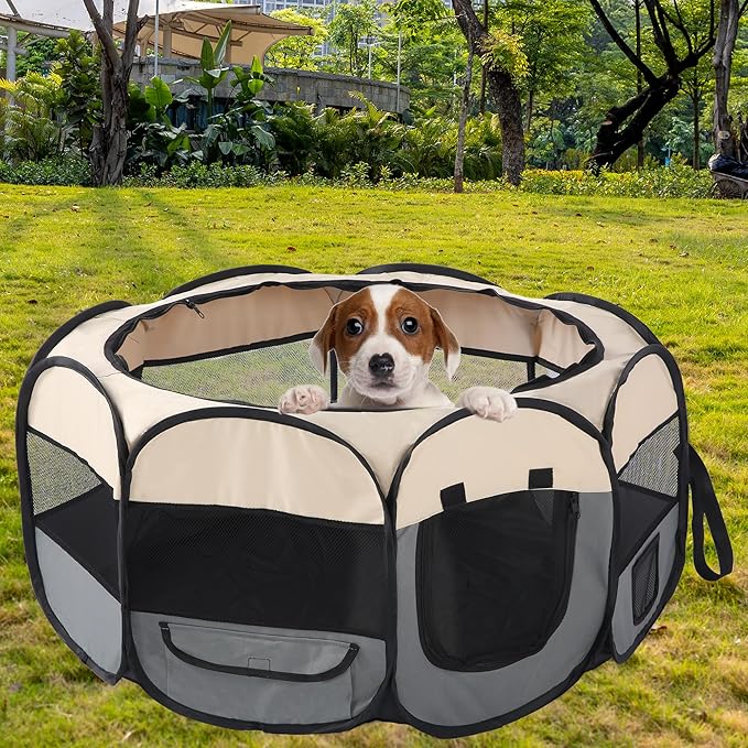 Pet Cat Playpen for Indoor Cats,Portable Pet Dog Playpen,Puppy Small Dog Cat Tent Crates Cage,29x29x16,Grey/Beige,1Pack