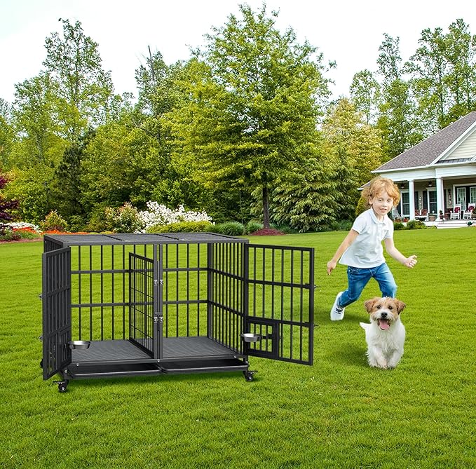 Metal Dog Crate, 42 Inch Heavy Duty Dog Crate with Divider, 2 Feeding Door and Bowls, Dog Kennel Indoor with Wheels, for 2 Small Dogs/1 Large Dog