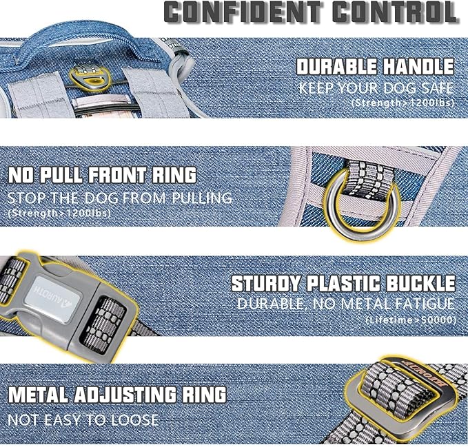 Auroth Tactical Dog Harness for Small Medium Large Dogs No Pull Adjustable Pet Harness Reflective K9 Working Training Easy Control Pet Vest Military Service Dog Harnesses (S, Denim Blue)