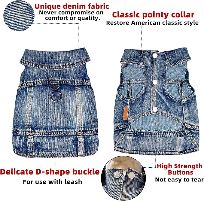 Dog Jean Jacket Pet Blue Denim Coat for Puppy Small Dogs Fashion Classic Overalls Girl Male Boy Cat Costumes Vintage Washed Vest Clothes Outfit Shirts (Blue, Large)