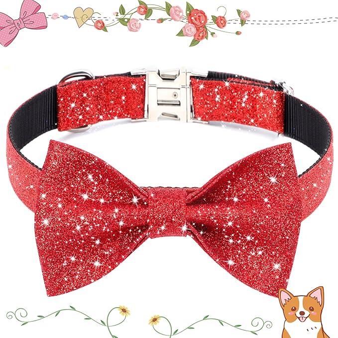 Red Dog Collar with Bow, Bling Bowtie Dog Collar for Puppy Small Dogs and Cats, Cute Walking Boy and Girl Dog Collar (Neck fit 9-12’’)
