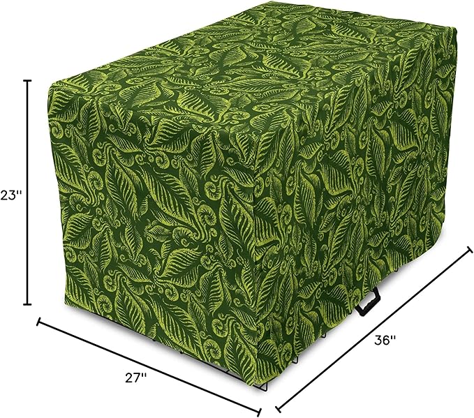 Lunarable Hunter Green Dog Crate Cover, Baroque Style Damask Floral Pattern with Leaves Swirled Branches Retro Design, Easy to Use Pet Kennel Cover for Medium Large Dogs, 36 Inch, Lime Green