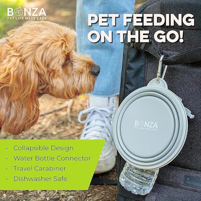 Bonza by Leash Boss Small Collapsible Dog Bowl Twin Pack, Sturdy Reinforced Rim, Includes Carabiner & Water Bottle Holder Keychain, Black