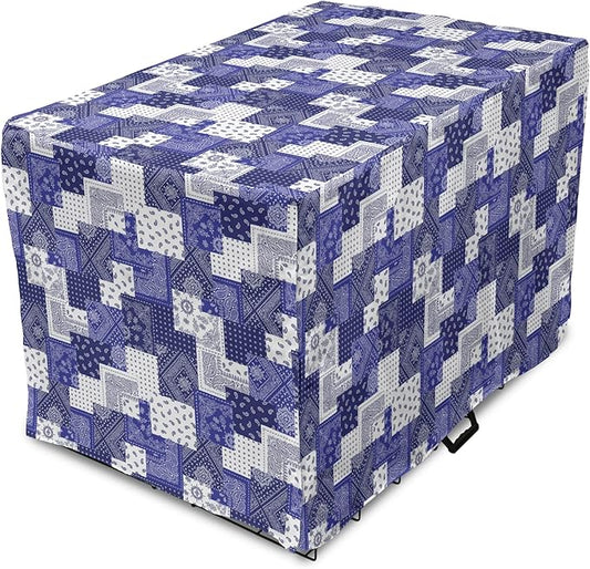 Lunarable Geometric Dog Crate Cover, Eastern Inspirations Canonical Paisley and Floral Composition Squares, Easy to Use Pet Kennel Cover for Medium Large Dogs, 48 Inch, Dark Blue Cobalt Blue