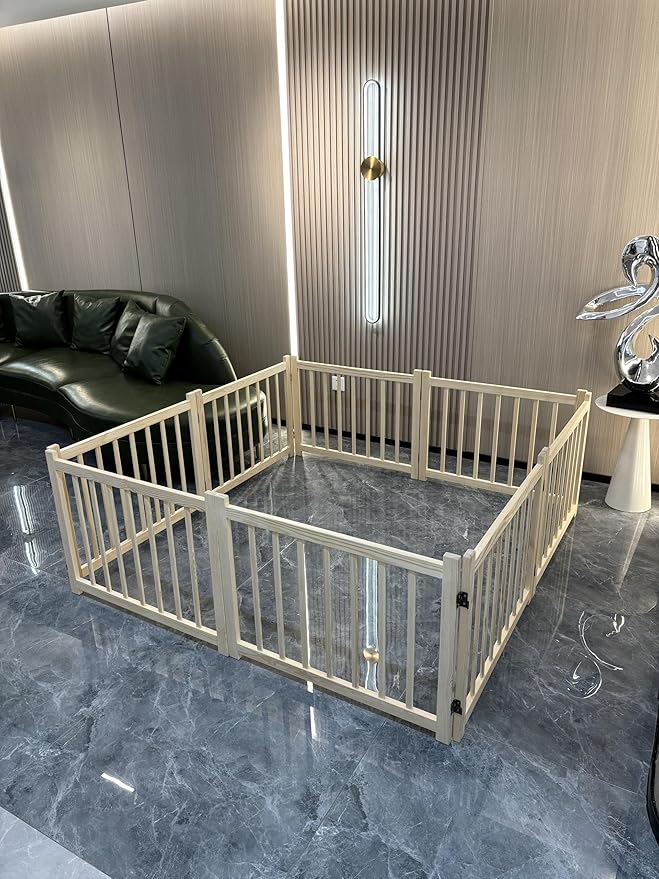 Ball & Cast 31" Wooden Freestanding Dog Gate with 360° Folding Hinges,8-Panel U/Z-Shaped Adjustable Pet Fence for Doorways & Stairs,Indoor Step-Over Barrier,Apartment,Living Room,Natural