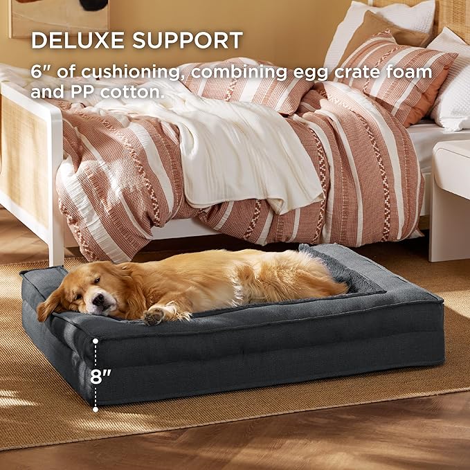 Bedsure Orthopedic Dog Bed for Extra Large Dogs - XLplus Egg Foam Dog Sofa, Bolster Couch Pet Bed with Removable Waterproof Washable Cover, Comfy Plush Velvet Fluff Surface, Nonskid Bottom, Charcoal