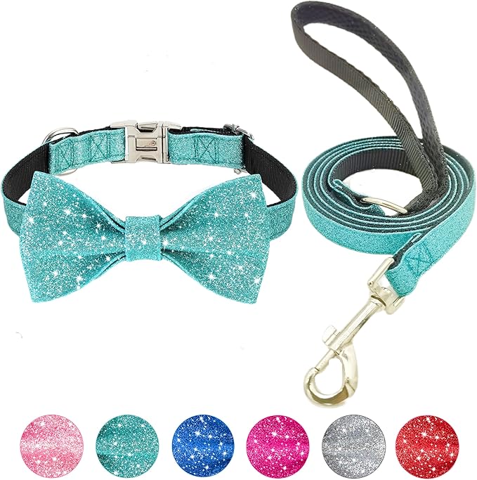 Bling Bow Tie Dog Collar and Leash Set, Cute Teal Boy Dog Collar with Bow and 5ft Leash for Small Medium Dogs Daily Walking or Christmas Holiday (Neck fit 11-16’’)